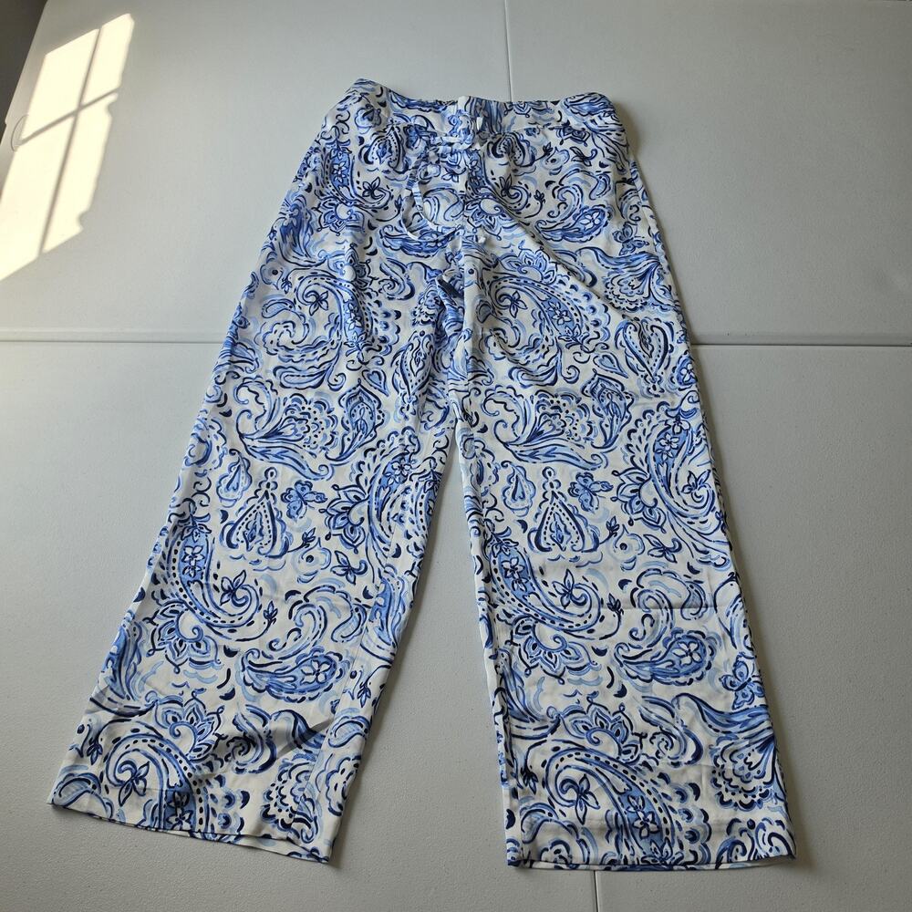 Talbots Pants Womens L Blue Paisley Satin Wide Leg Ankle Drawstring Casual